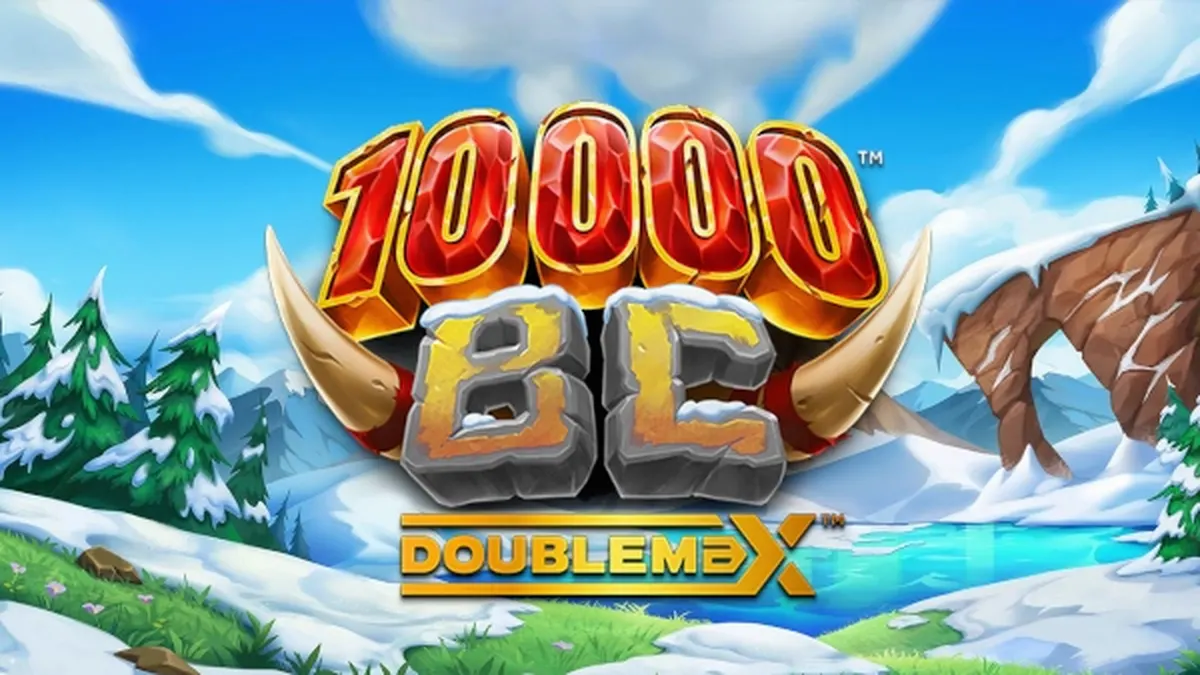 Tela de jogo do slot 10000 BC DoubleMax com símbolos de animais pré-históricos e o multiplicador em destaque.