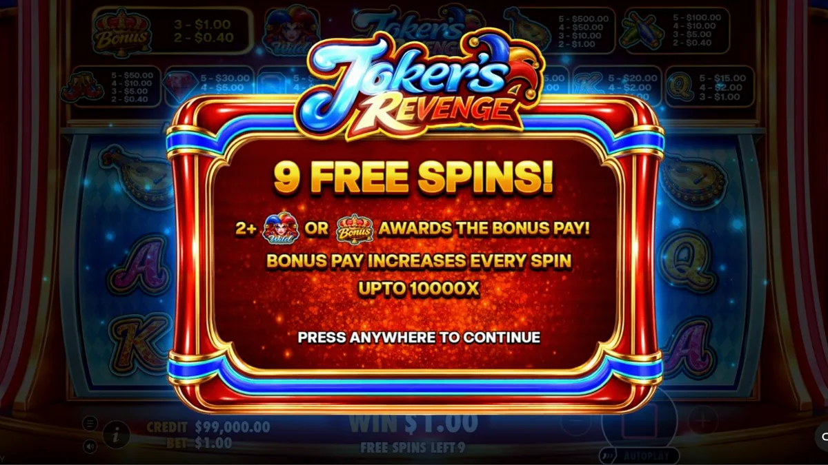 Interface colorida e temática do jogo de slot Joker's Revenge com elementos de arlequim.