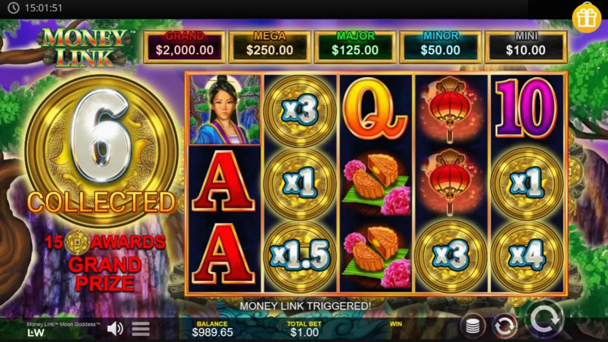Tela de jogo do slot Money Link Moon Goddess com elementos da mitologia asiática