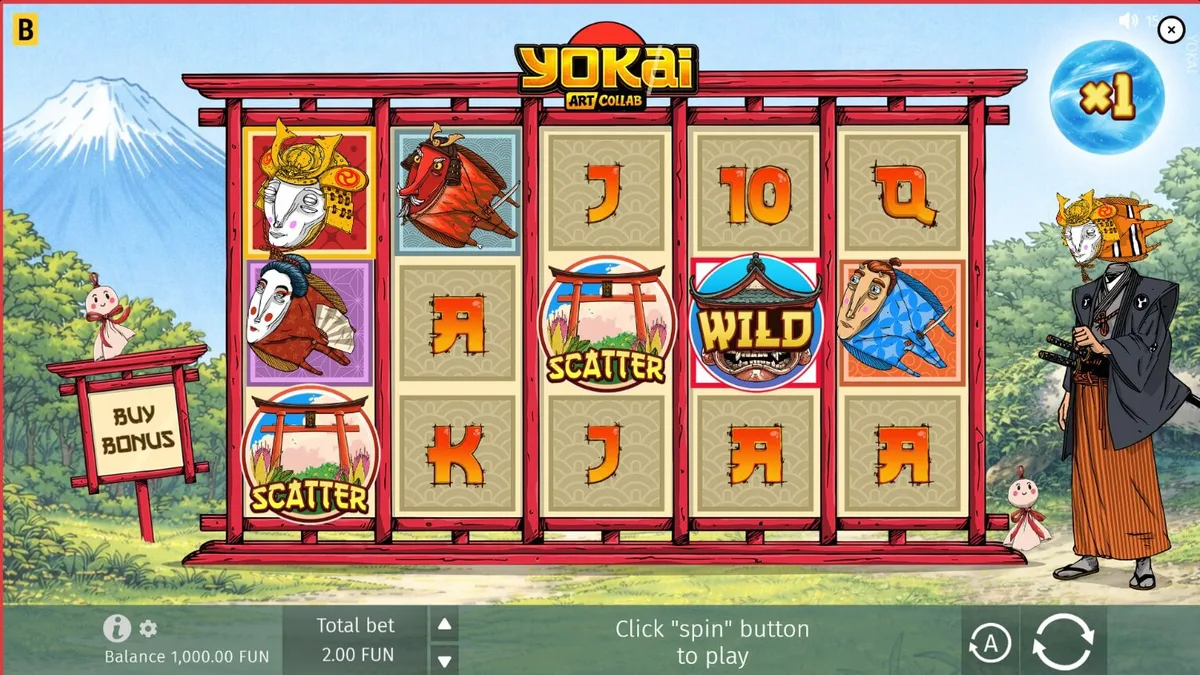 Interface visual do slot Yokai com elementos de arte japonesa e monstros folclóricos